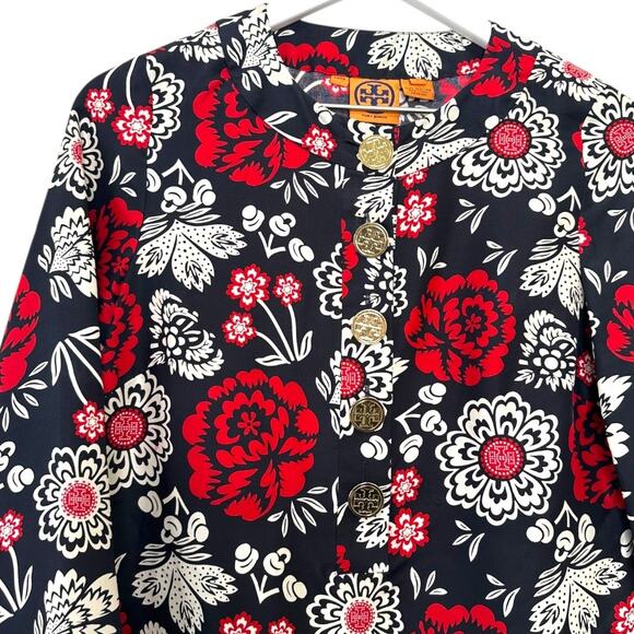 Tory Burch Red Navy Floral Silk Button Front Dress Size 2 - Picture 3 of 7